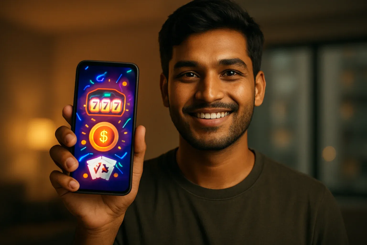 Young Bangladeshi man holding smartphone showing colorful mobile casino app