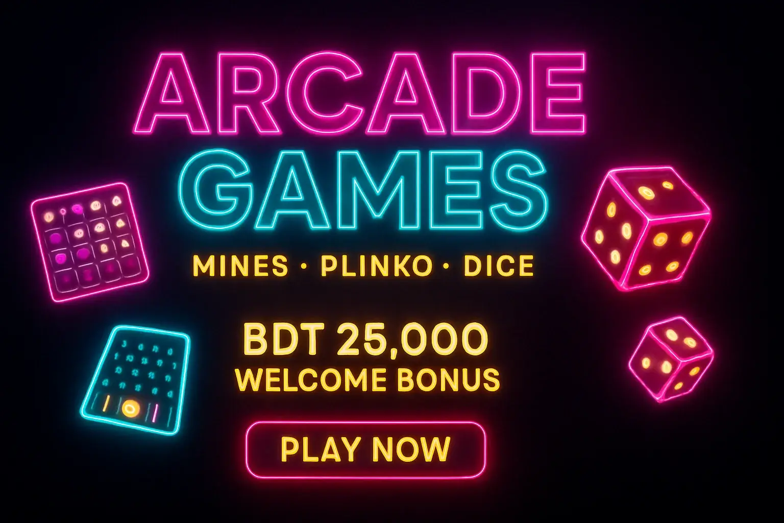 Neon arcade games banner with mines, plinko, dice, and play button