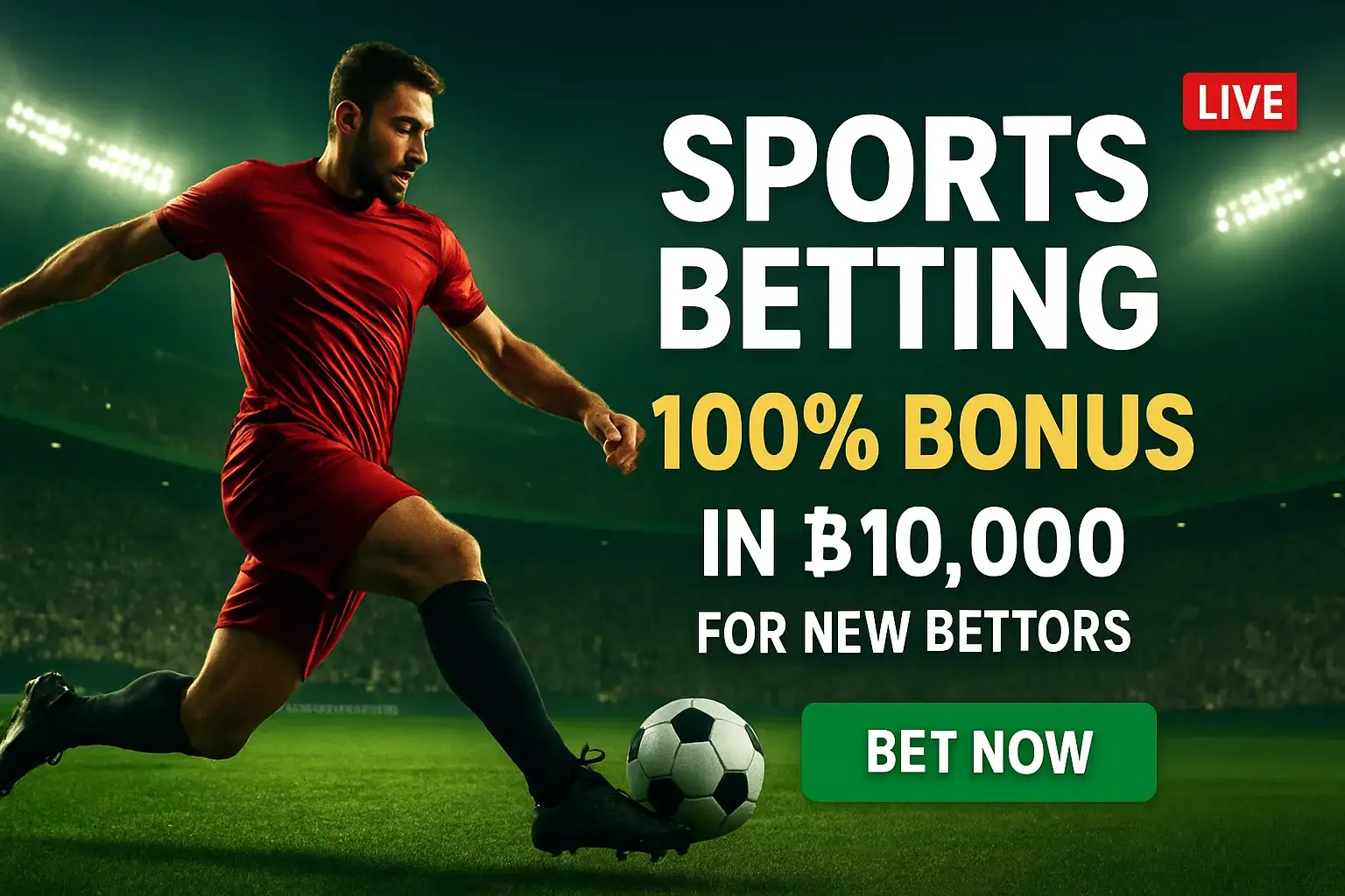 Sports betting banner with footballer, stadium, bonus offer, and bet button