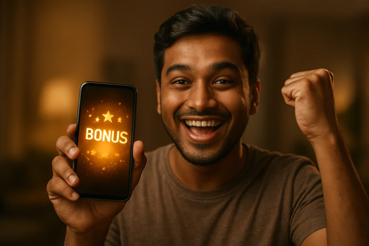 Joyful Bangladeshi man holding smartphone with glowing bonus notification screen
