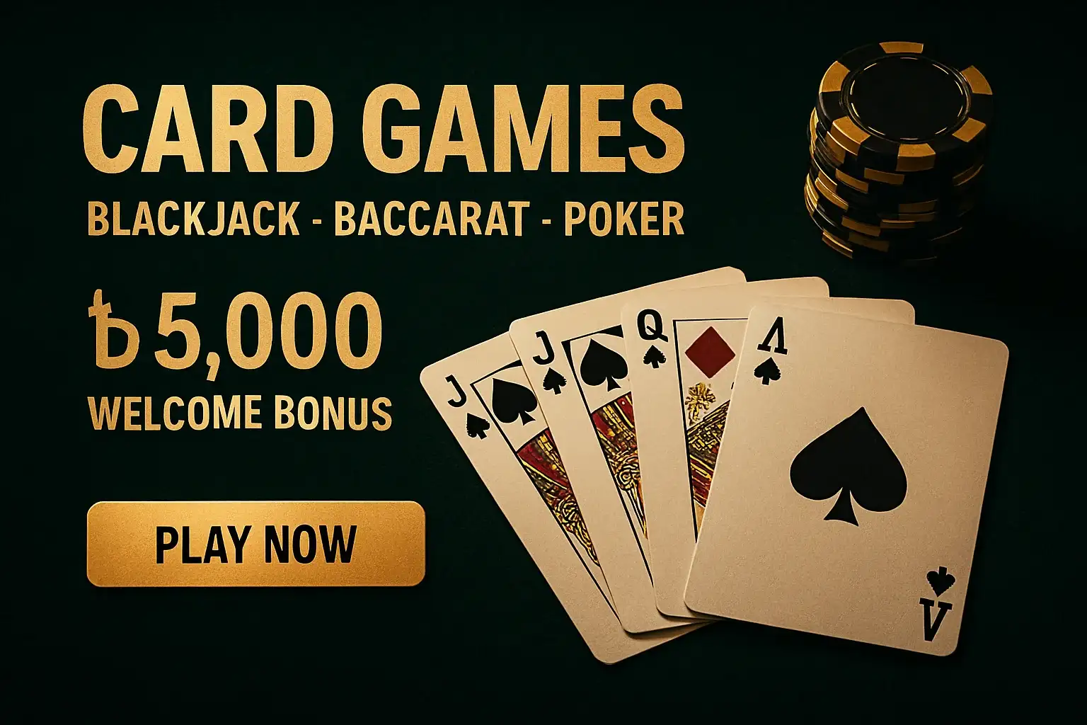 Card games banner with playing cards, chips, bonus offer, and CTA