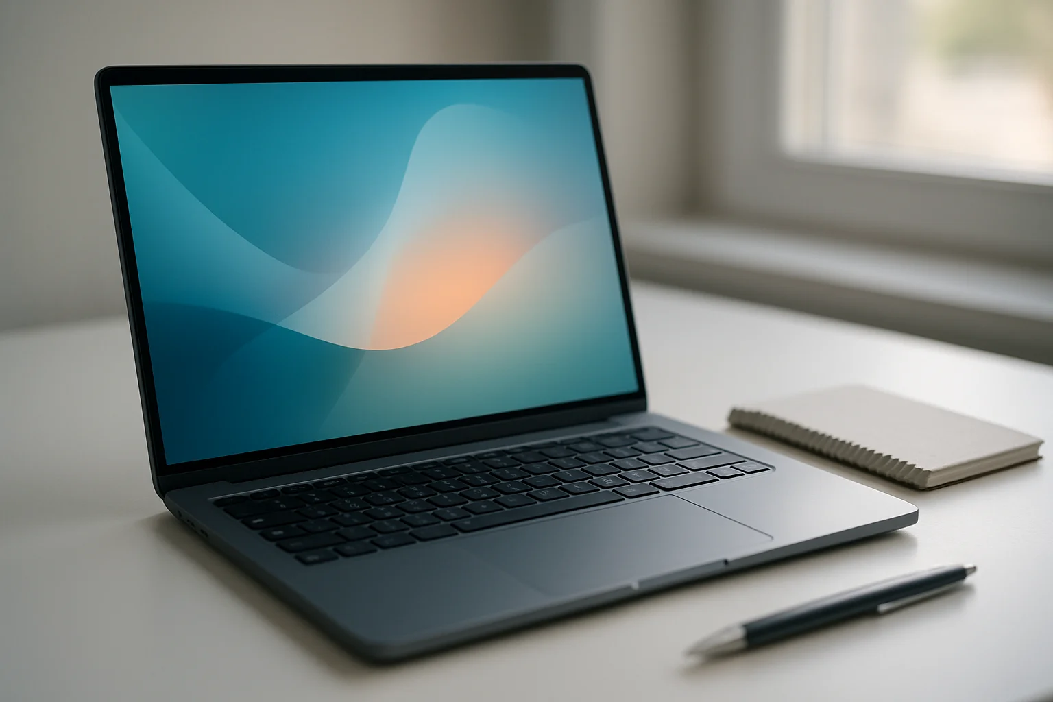 Modern laptop on white desk with pen and notepad in daylight