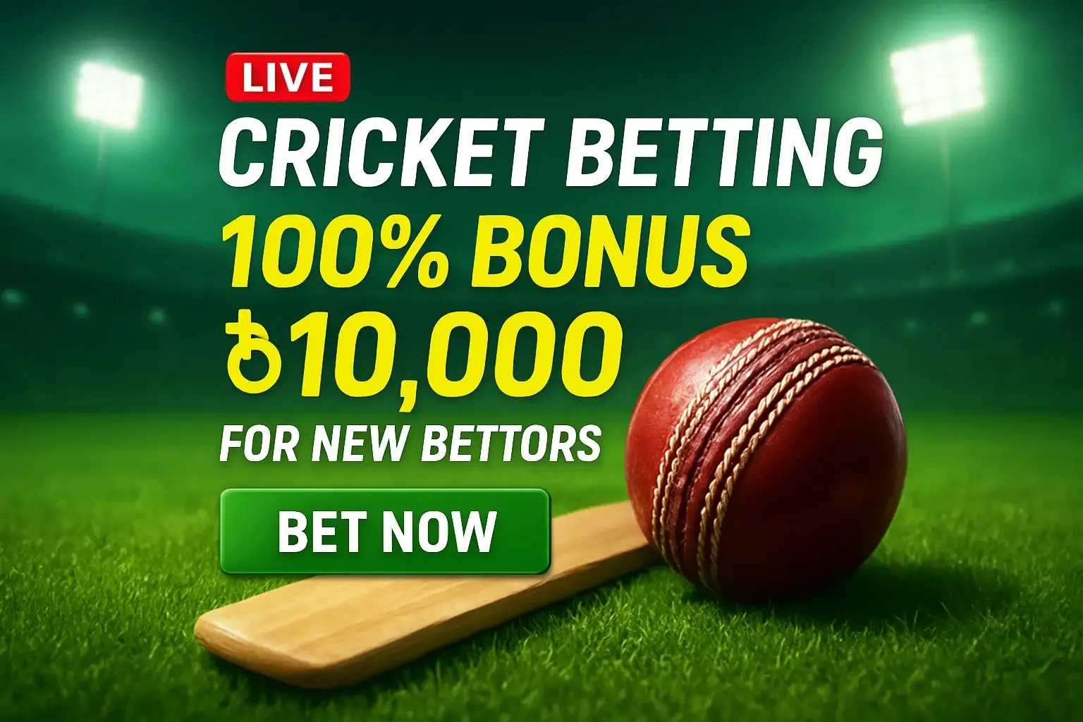 Cricket betting banner with stadium, bat, ball, bonus offer, and CTA