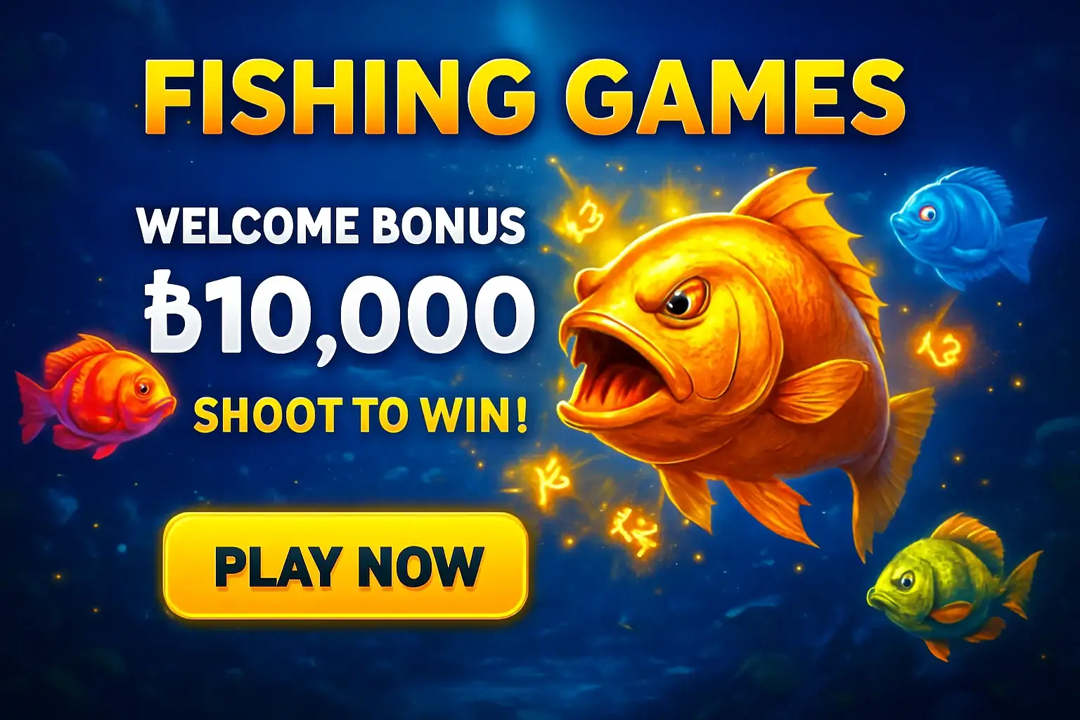 Fishing arcade banner with underwater boss fish, bonus offer, play button