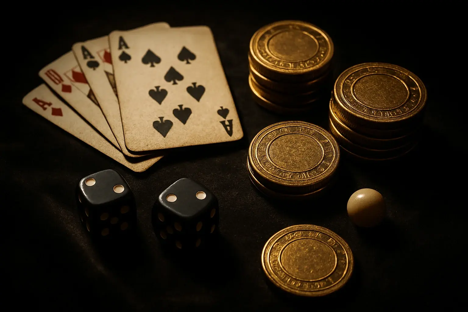 Top-down casino scene with chips, cards, dice, and roulette ball