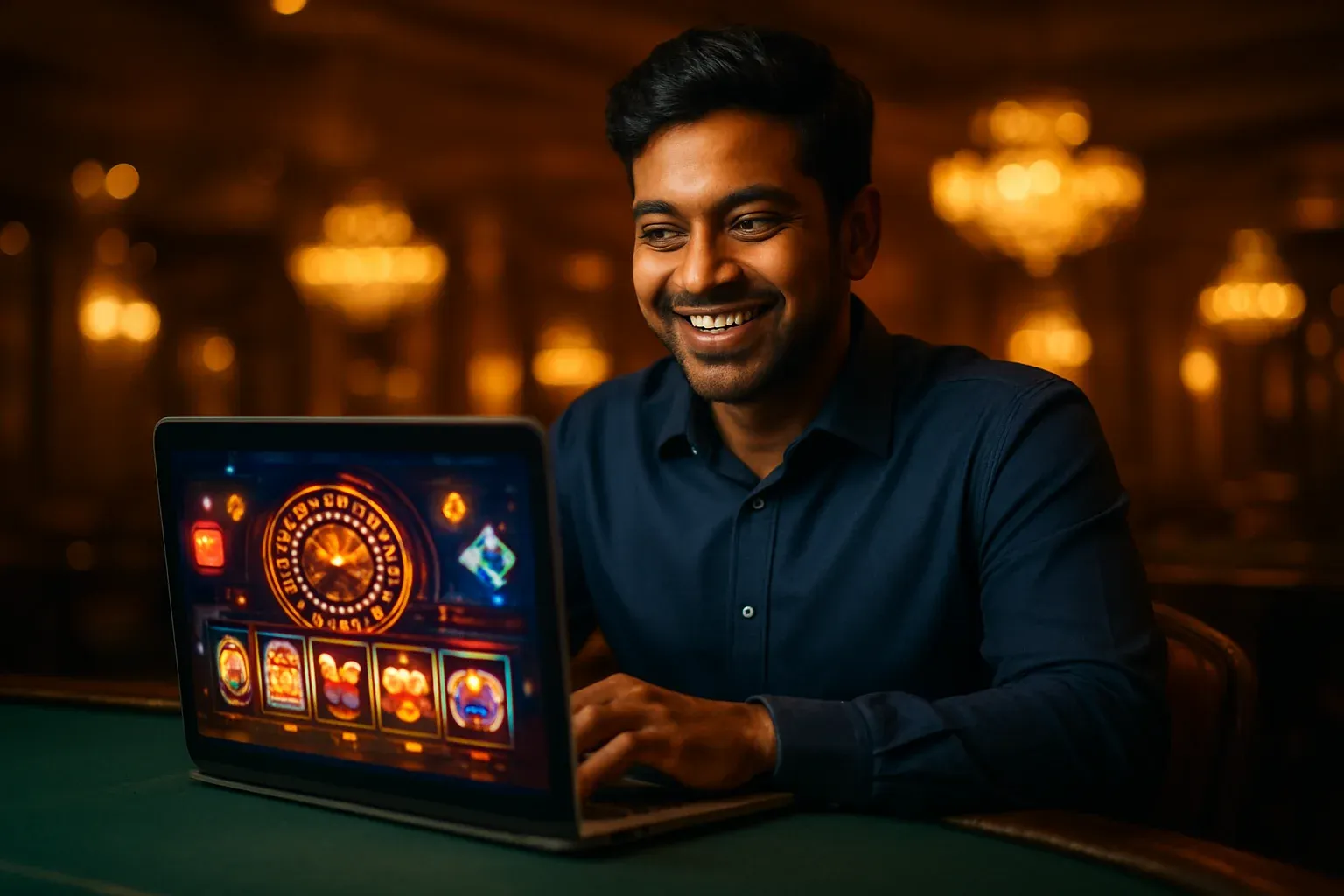 Cheerful Bangladeshi man with open laptop at premium casino lounge