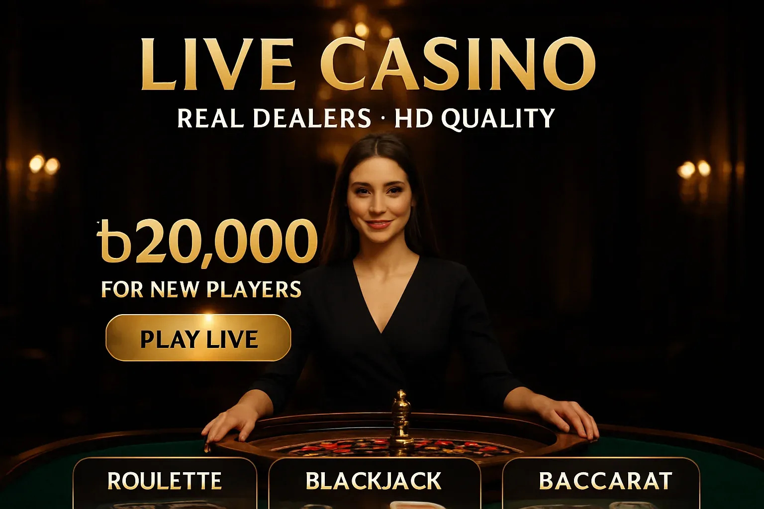 Luxurious live casino banner with female dealer, roulette, and Bangladesh bonus