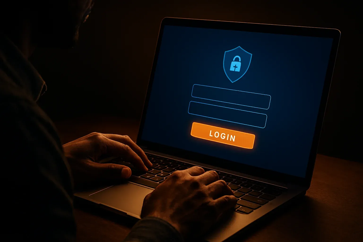 Bangladeshi man's hands on laptop showing stylized login form screen