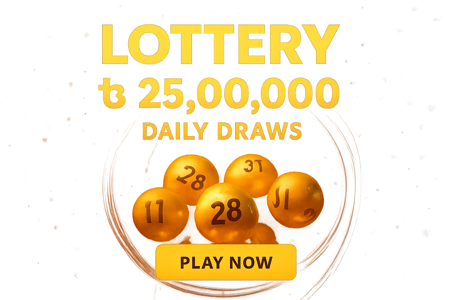 Festive lottery banner with golden balls, draw machine, jackpot, and play button