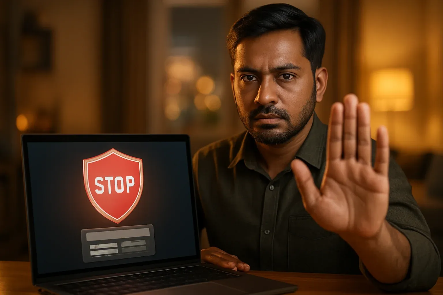 Bangladeshi man showing stop gesture beside laptop with responsible gambling controls