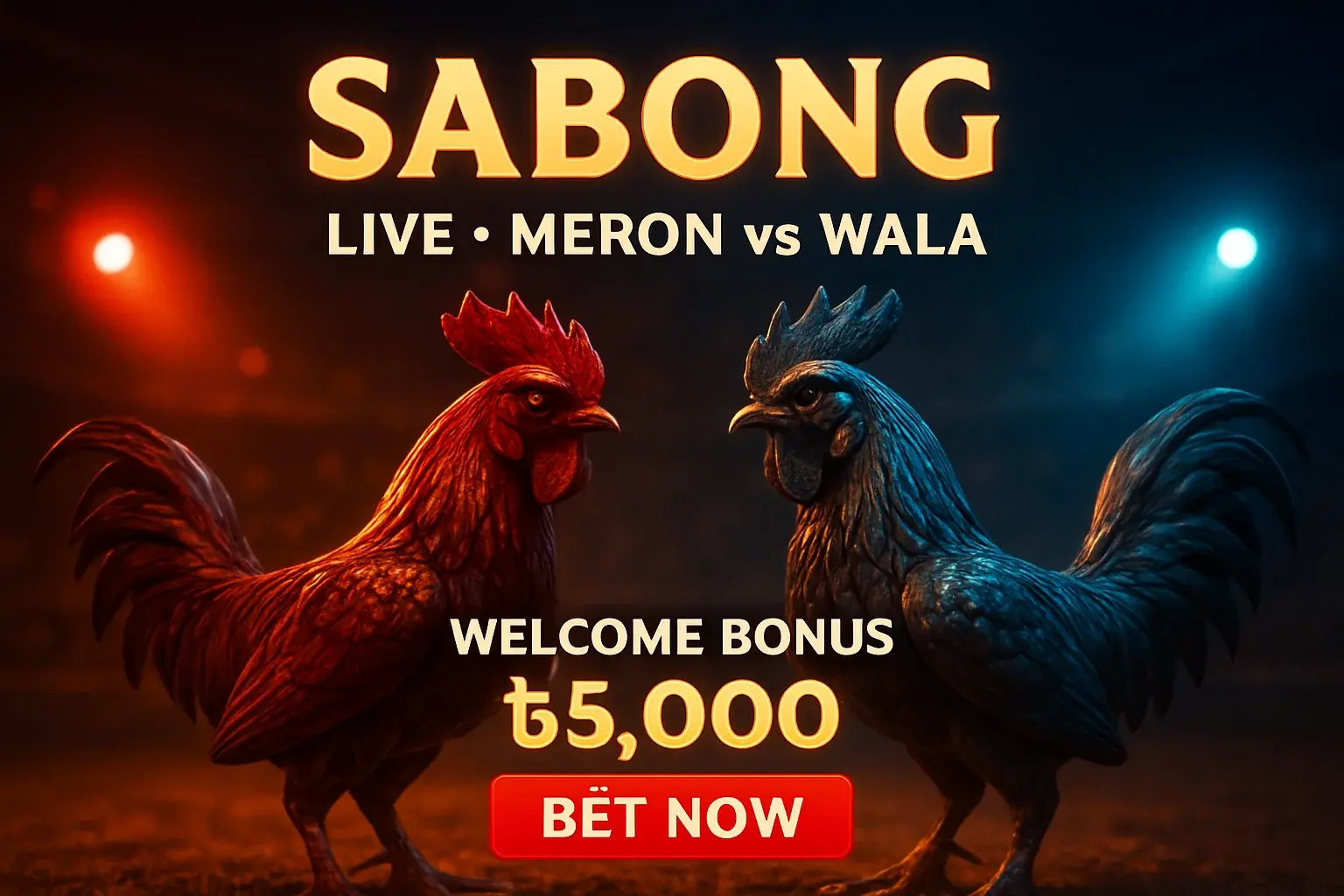 Live sabong banner with decorative rooster figurines and bet now button