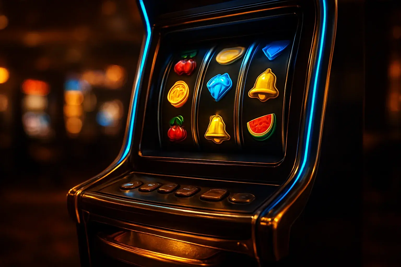 Hyperrealistic premium slot machine with glowing reels in a luxury casino